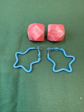 Blue Star Hoop Earrings with Coral Geometric Studs